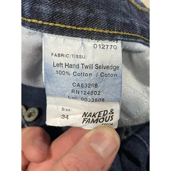 Naked & Famous Jeans Men’s Size 34x32 Blue Selvedge Denim Slim Straight - Picture 9 of 12